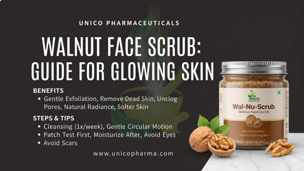A promotional banner for Unico Pharmaceuticals featuring a guide on Walnut Face Scrub, with product bottles and walnuts on a dark and white background. How to Use Walnut Face Scrub