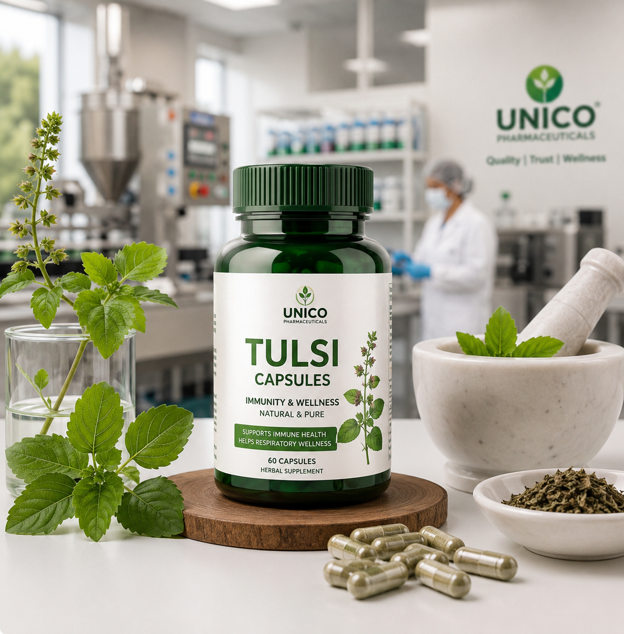 Premium Tulsi Capsule manufactured in a GMP-certified herbal manufacturing facility
