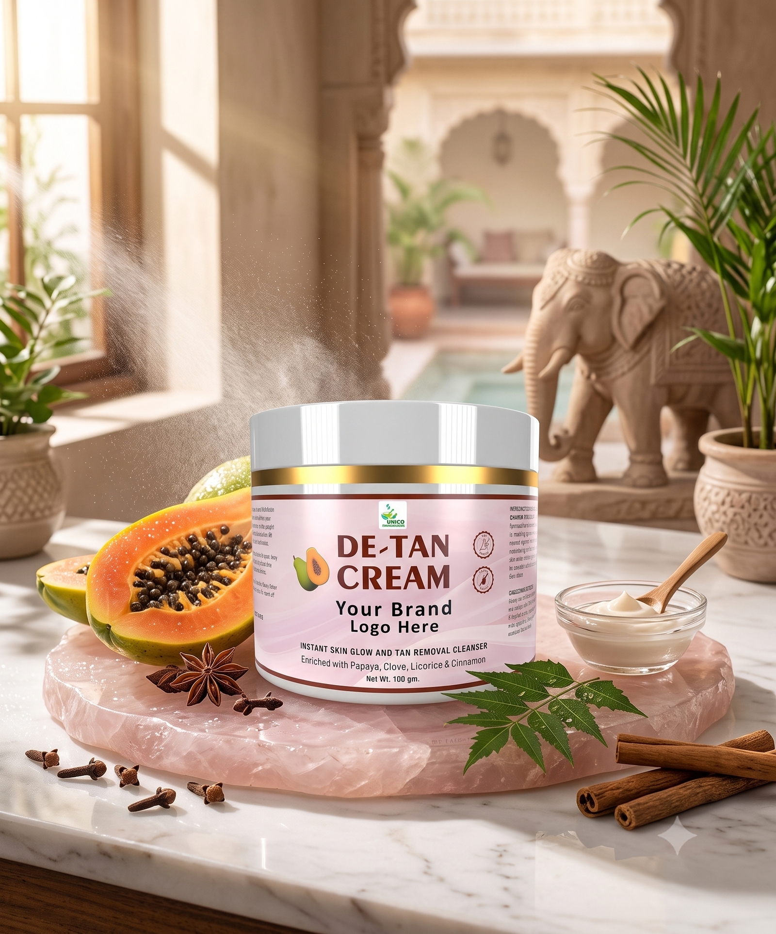 A high-angle product photograph featuring a jar of De-Tan Cream on a pink marble slab, surrounded by natural ingredients like papaya, cloves, cinnamon, and neem leaves.