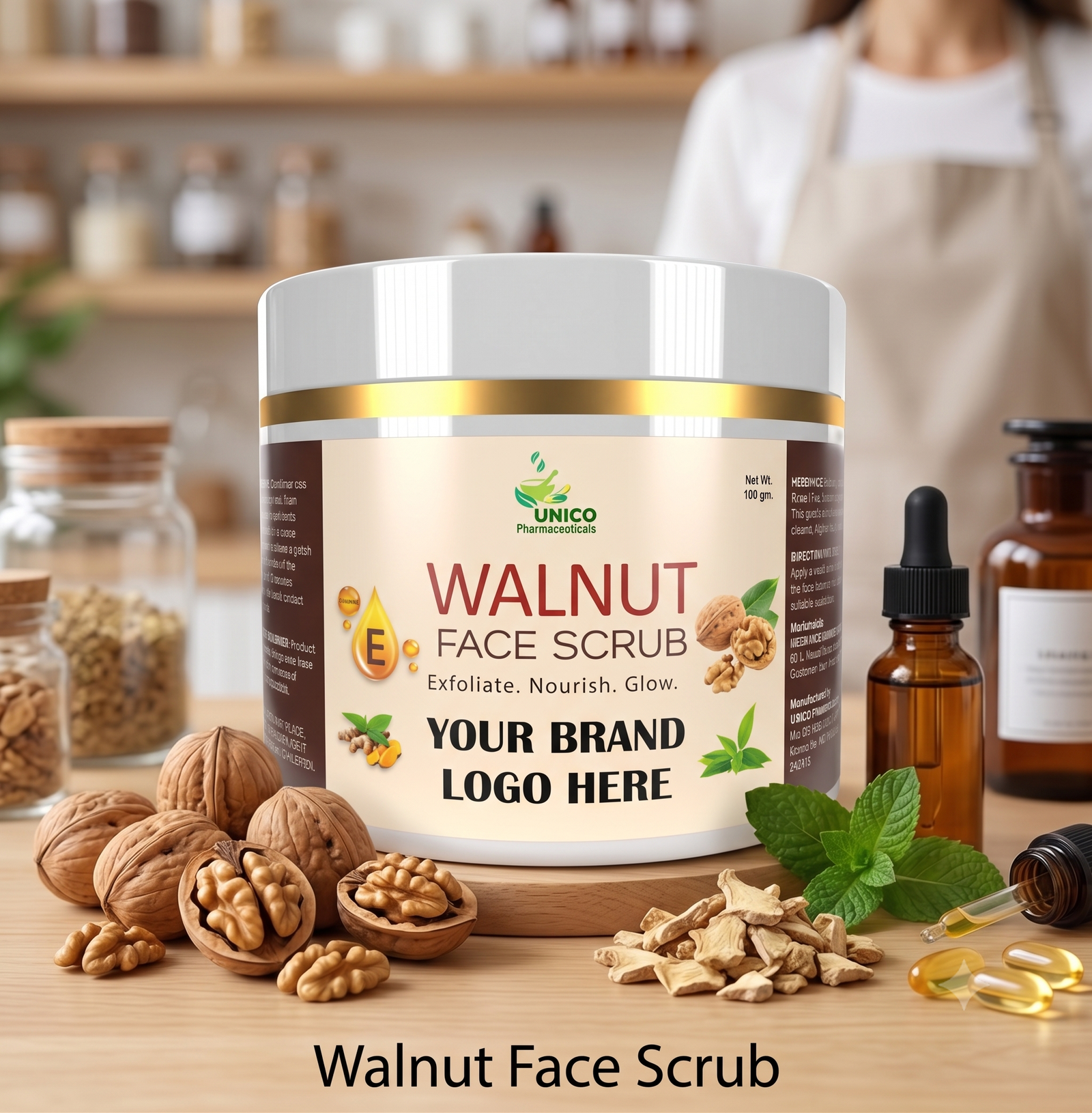 A white and gold jar of UNICO Pharmaceuticals Walnut Face Scrub, featuring natural illustrations and a text box for your brand logo.