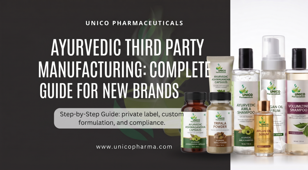 A promotional banner featuring a dark background on the left with white text that reads "UNICO PHARMACEUTICALS" and "AYURVEDIC THIRD PARTY MANUFACTURING: COMPLETE GUIDE FOR NEW BRANDS". A pill-shaped badge below highlights "Step-by-Step Guide: private label, custom formulation, and compliance". On the right side, various UNICO branded Ayurvedic products are displayed, including Ashwagandha capsules, Triphala powder, Amla shampoo, and Argan oil serum.