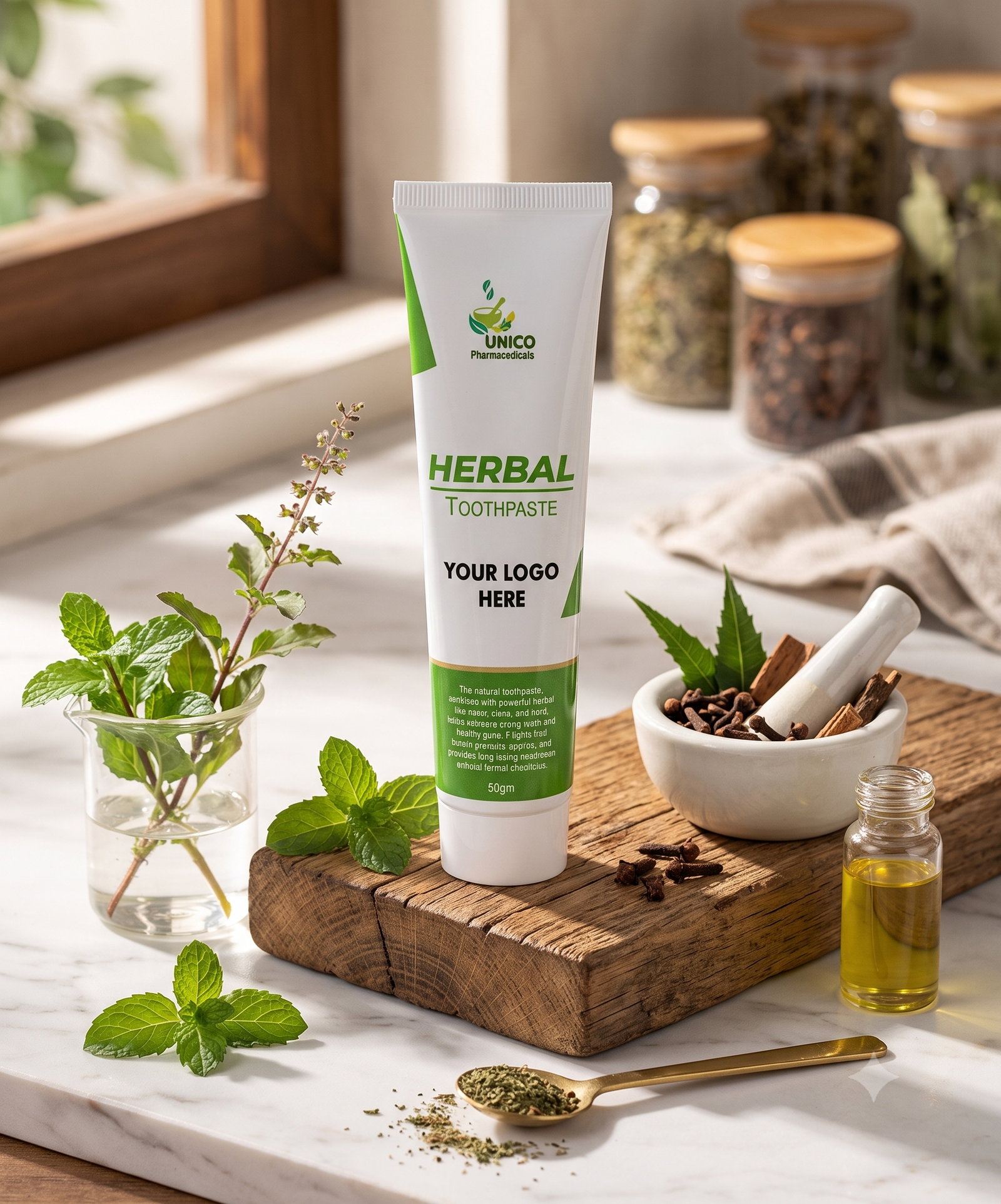 A 50g tube of UNICO Pharmaceuticals Herbal Toothpaste displayed on a wooden block surrounded by fresh mint leaves, neem, cloves, and a marble mortar.