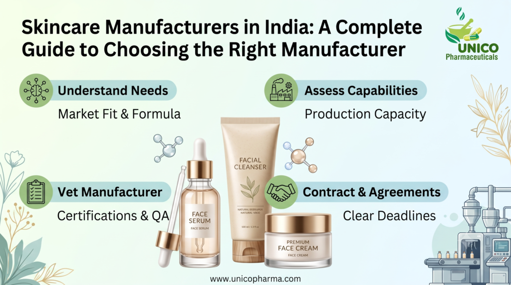 Alt Text: Infographic for Skincare Manufacturers in India featuring Unico Pharmaceuticals branding, skincare products like face serum, facial cleanser, and face cream, alongside key guide points for choosing a manufacturer.