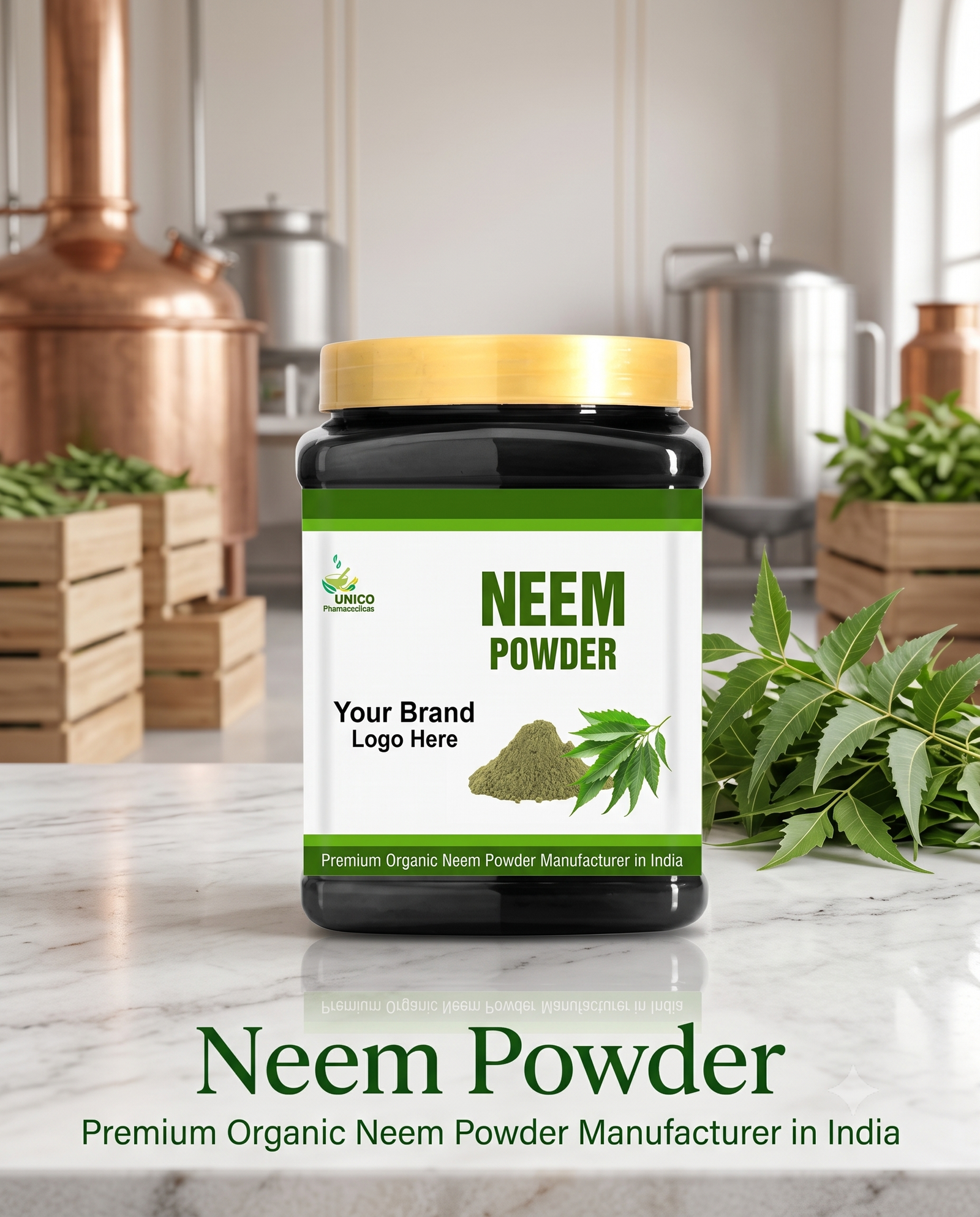 A product mock-up of a Neem Powder jar with a black body, gold lid, and custom label, placed in a high-end processing facility alongside fresh neem leaves.