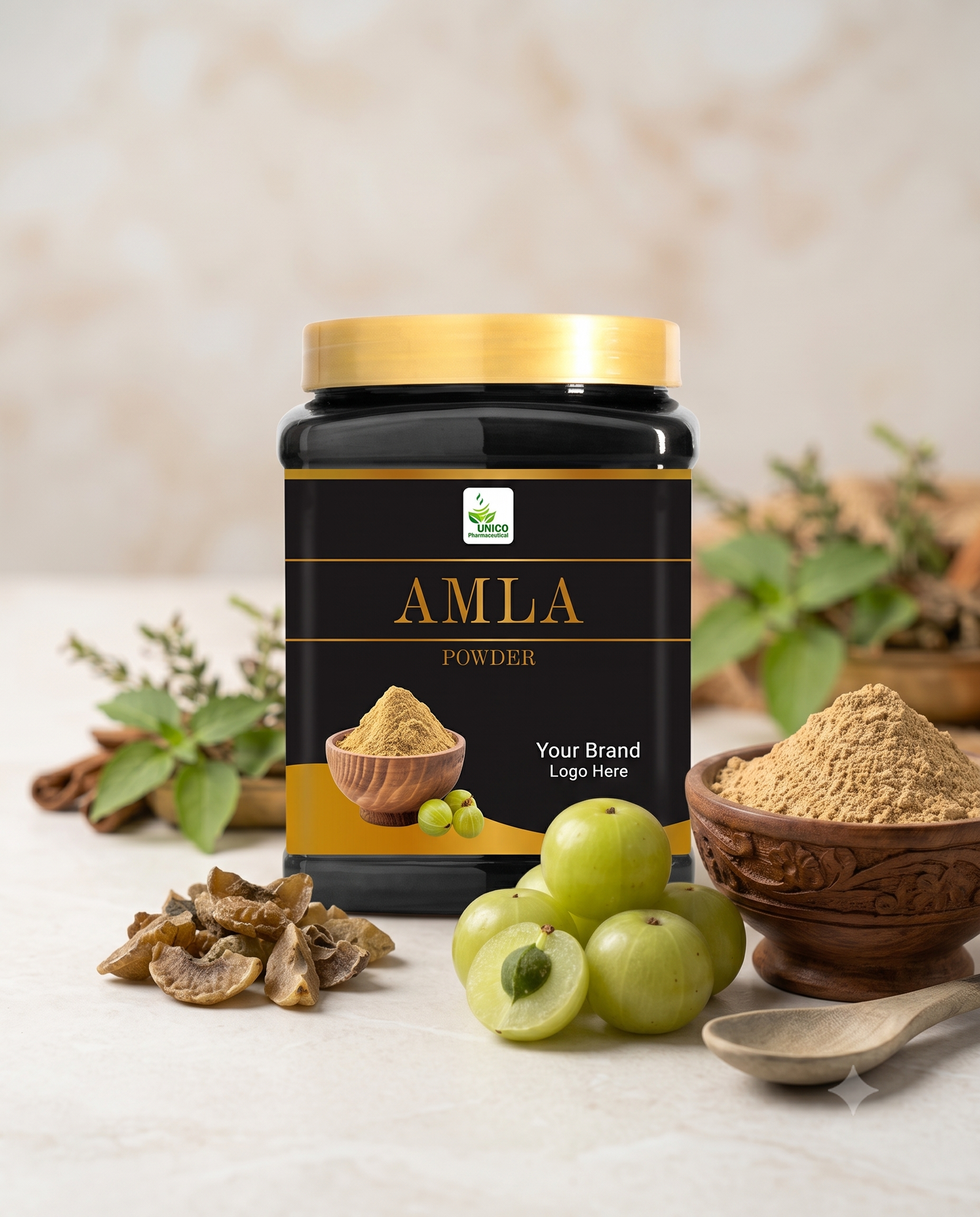 A branded black jar of AMLA POWDER" with a gold cap is centrally featured on a marble surface. Surrounding it are whole green Amla fruits, dried Amla pieces, a wooden bowl with loose Amla powder, a wooden spoon, and a cluster of green leaves. The jar's label has gold text and a logo area. The background is a soft, warm blur.
