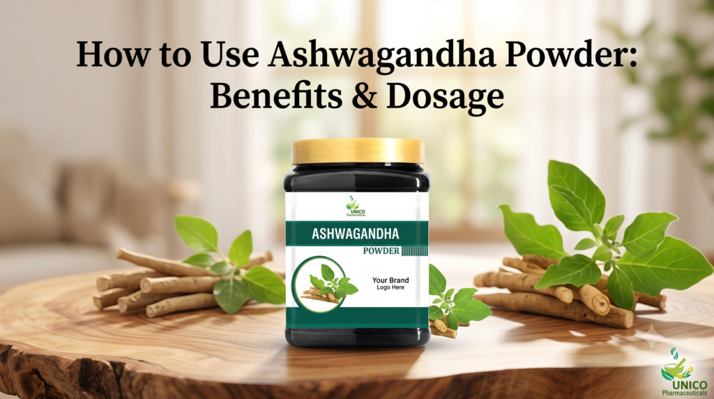 Ashwagandha powder product container displayed with raw roots and green leaves, showing how to use Ashwagandha powder.