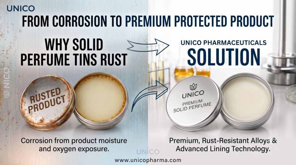 Solid perfume tin rusted vs UNICO non-rusted tin with rust solution explanation text for keywords why solid perfume tins rust