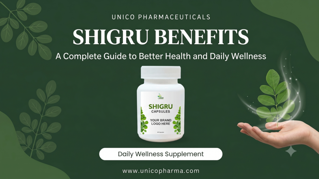 A dark green graphic for "Unico Pharmaceuticals" featuring a bottle of Shigru Capsules, promoting "Shigru Benefits" with an image of a hand holding fresh Moringa leaves.