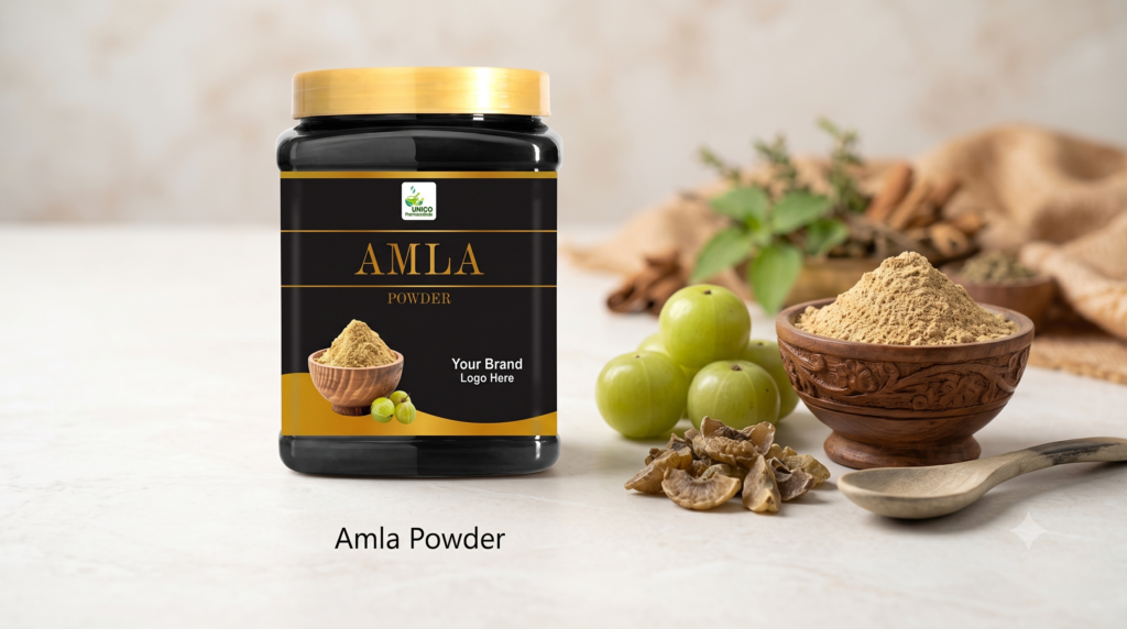 Amla powder benefits displayed with a branded bottle and fresh gooseberries.