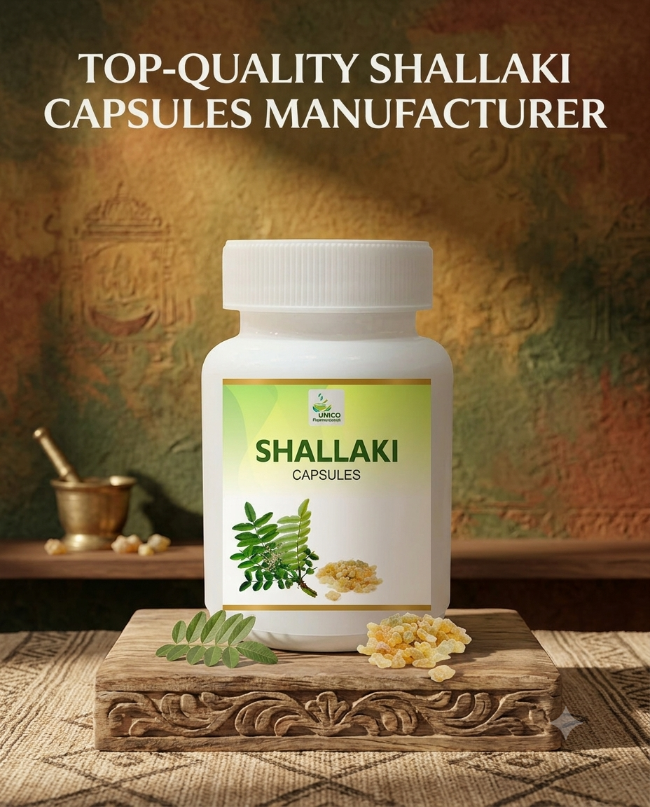 A high-angle product photograph of a white bottle of Unico Pharmaceuticals Shallaki Capsules, placed on a carved wooden block. The bottle label shows a green leaf branch and resin granules. Spilled resin and a fresh leaf are in the foreground, with a brass mortar and pestle in the background on a shelf. The top text reads 'TOP-QUALITY SHALLAKI CAPSULES MANUFACTURER