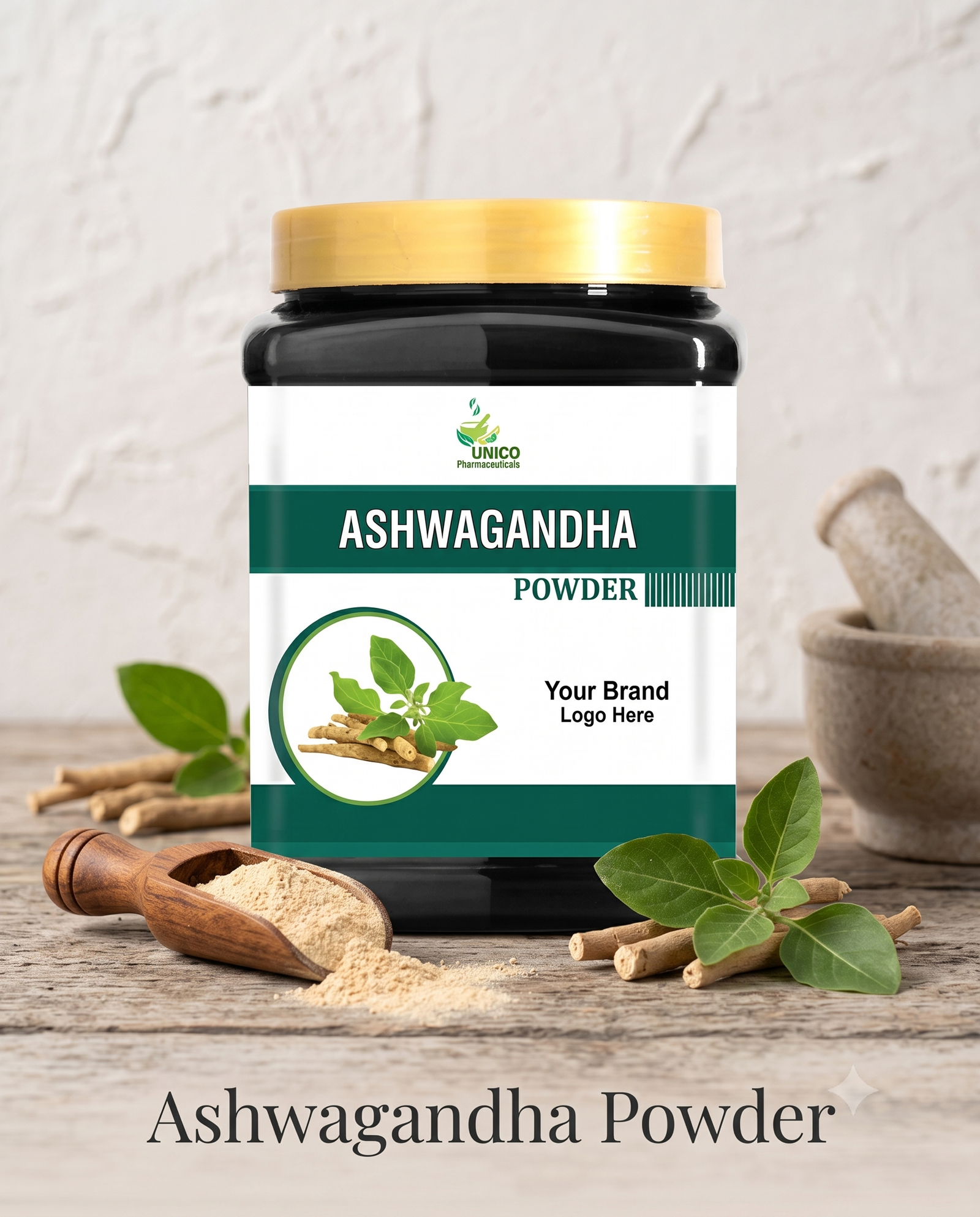Ashwagandha Powder jar placed on a wooden surface alongside natural roots, green leaves, and a wooden scoop.