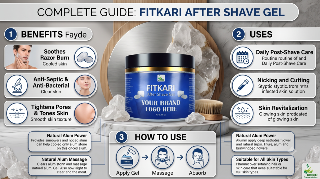 Infographic guide about Fitkari After Shave Gel, highlighting its benefits, uses, and how to apply it.