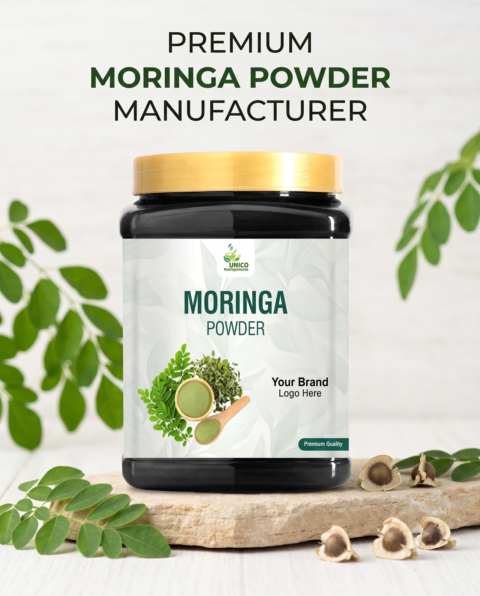 Moringa Powder Manufacturer product jar with natural ingredients.