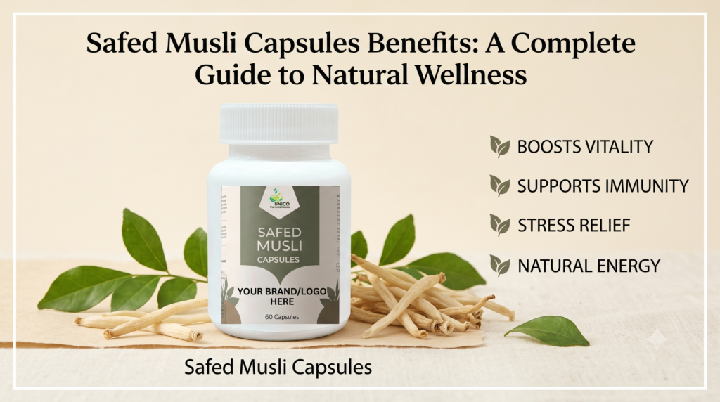 Safed Musli Capsules product bottle banner with health benefits guide title