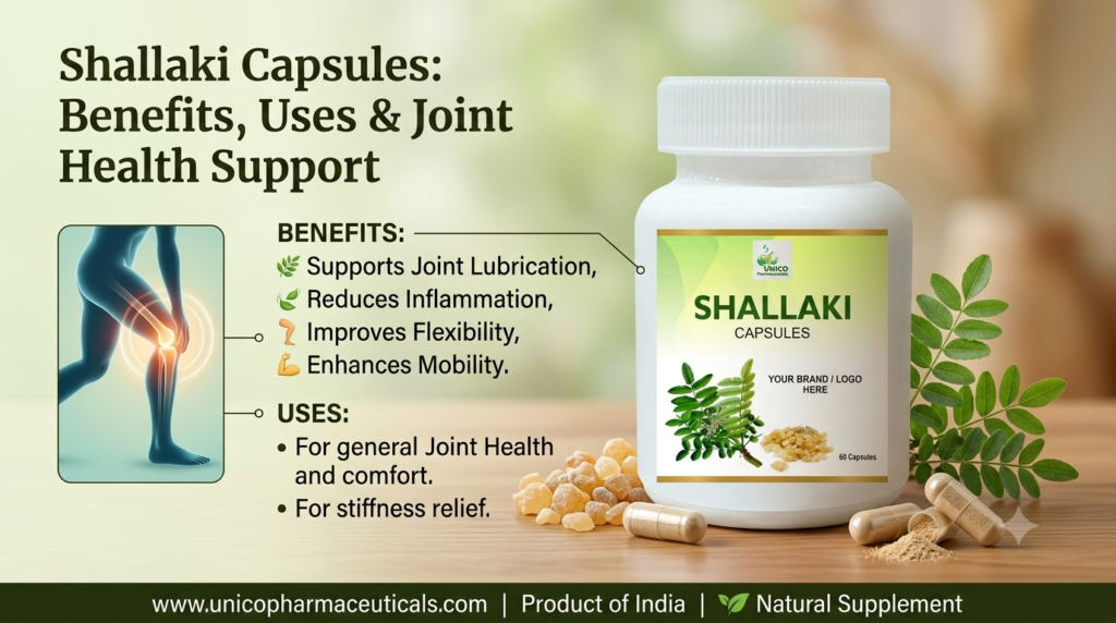 A product infographic for Shallaki Capsules (1536x864 px) featuring a white capsule bottle alongside natural herb leaves, resin, and open herbal capsules on a wooden table. On the left side, the main title 'Shallaki Capsules: Benefits, Uses & Joint Health Support' is displayed with bulleted lists of benefits, uses, and a knee joint anatomical graphic
