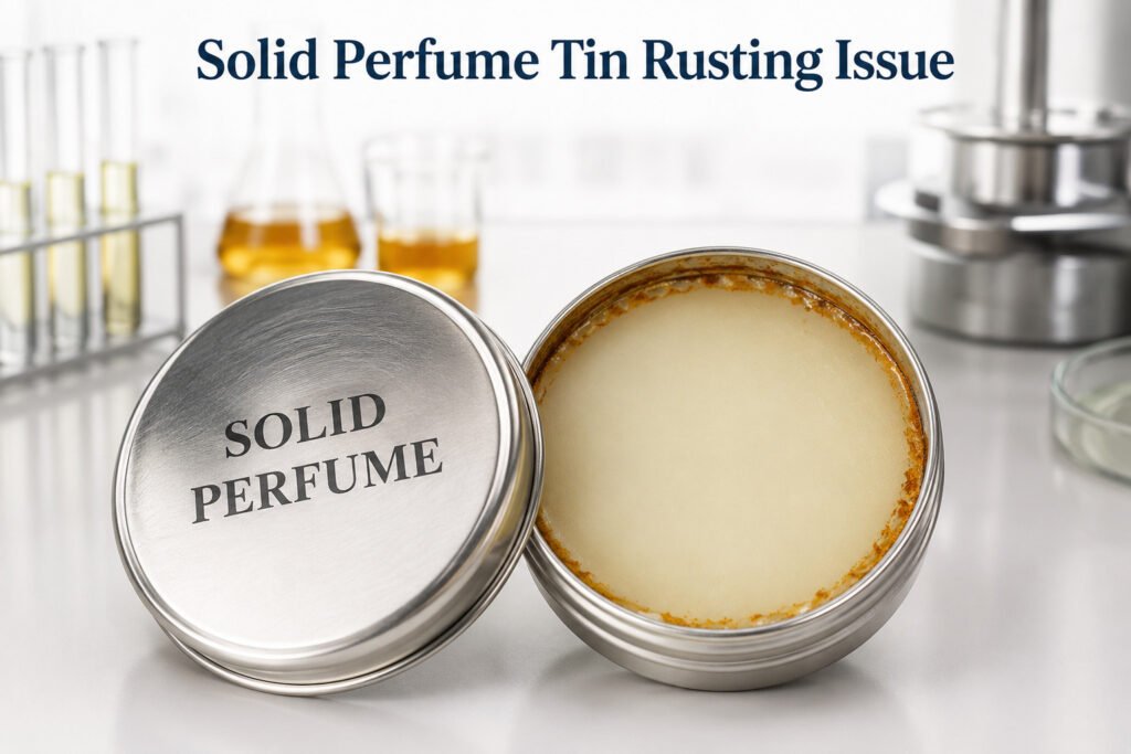 Solid perfume tin rusted vs UNICO non-rusted tin with rust solution explanation text for keywords why solid perfume tins rust