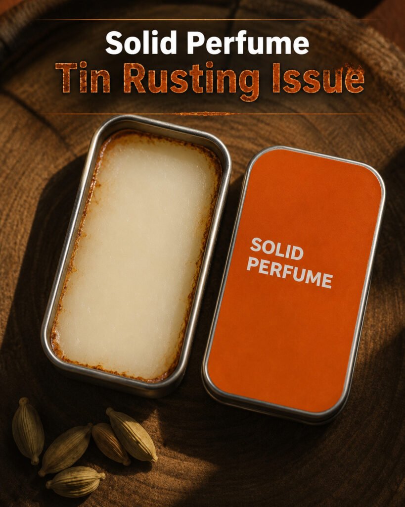 Solid perfume tin rusted vs UNICO non-rusted tin with rust solution explanation text for keywords why solid perfume tins rust