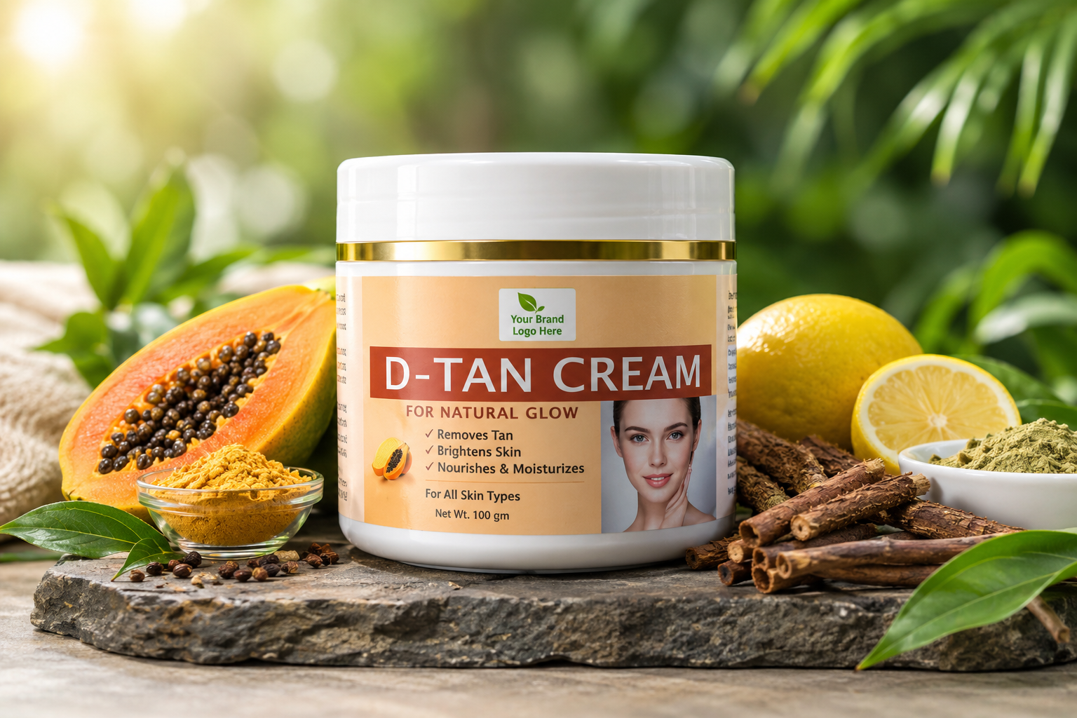 D-Tan Cream skincare product with papaya, botanical ingredients and a natural-inspired setting