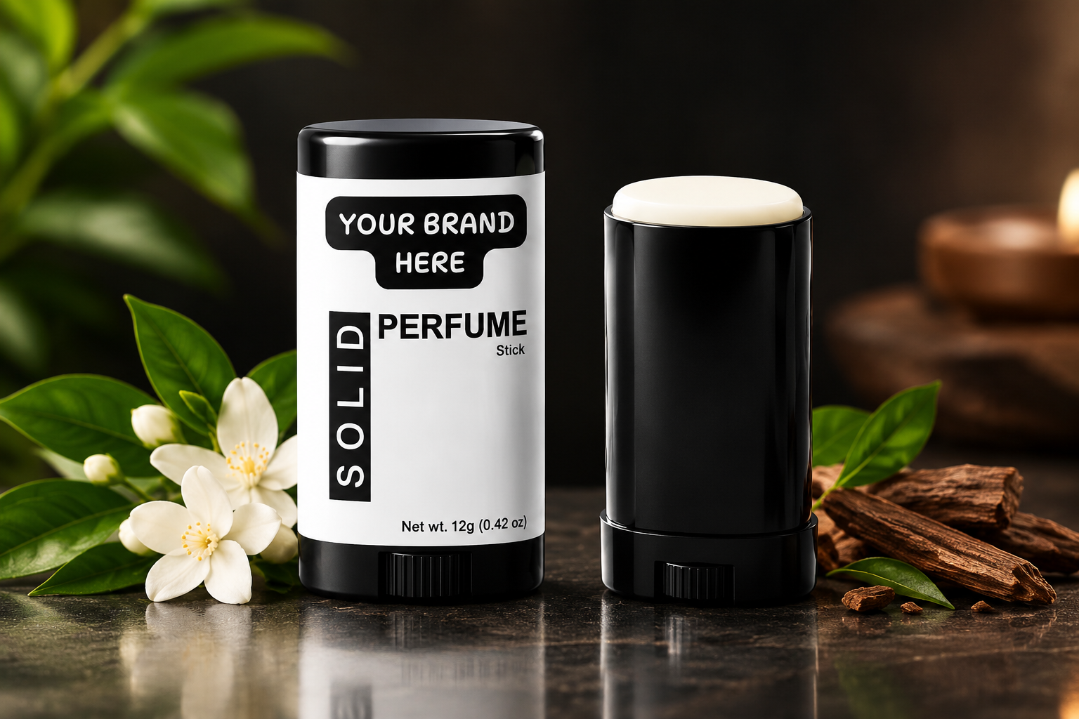 Private label solid perfume stick packaging for custom fragrance brand manufacturing