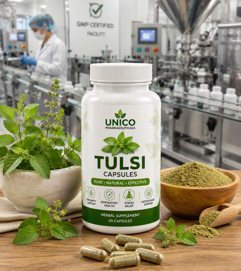 Premium Tulsi Capsule manufactured in a GMP-certified herbal manufacturing facility