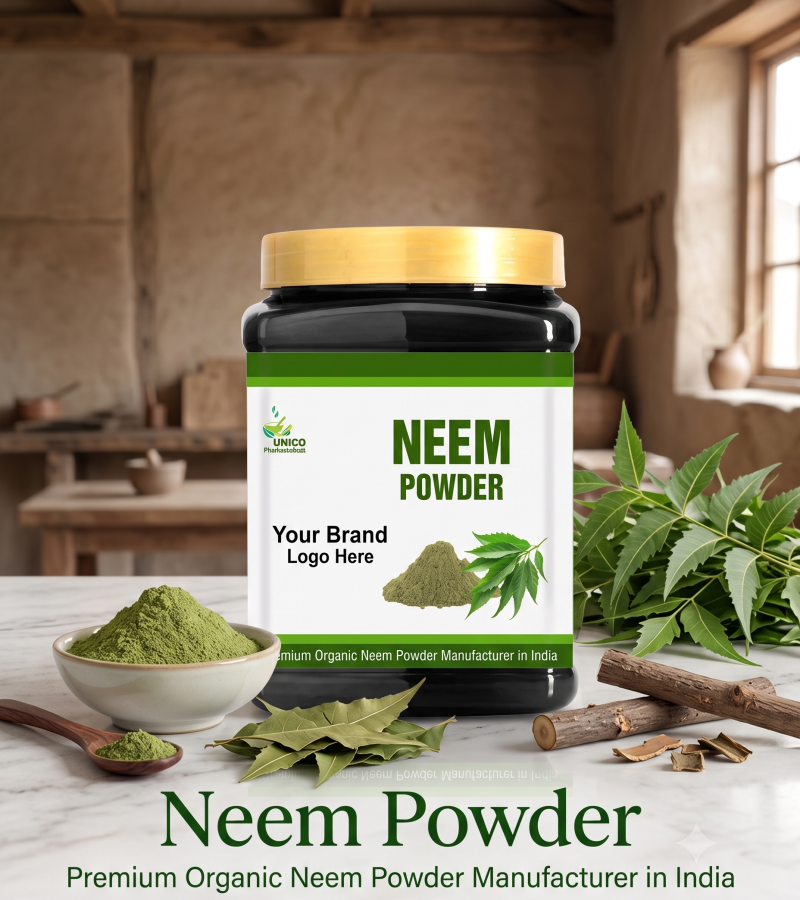 A product mock-up image featuring a dark jar with a gold lid, labeled 'Neem Powder'. Next to the jar on a marble countertop are fresh neem leaves, a small ceramic bowl filled with green neem powder, and dried sticks. The background shows a traditional, warm-toned herbal workshop with wooden beams. Text at the bottom reads 'Neem Powder' and 'Premium Organic Neem Powder Manufacturer in India