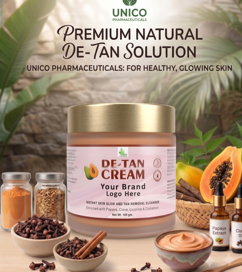 A high-angle product poster featuring a wide cylindrical jar of De-Tan Cream centered on a wooden table, surrounded by natural ingredients like papaya, cloves, cinnamon, essential oils, and herbal powders against a leafy tropical background.