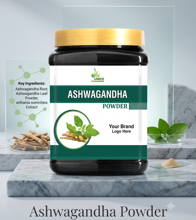 A black jar of Ashwagandha Powder on marble steps, with ingredients, leaves, and powder displayed.
