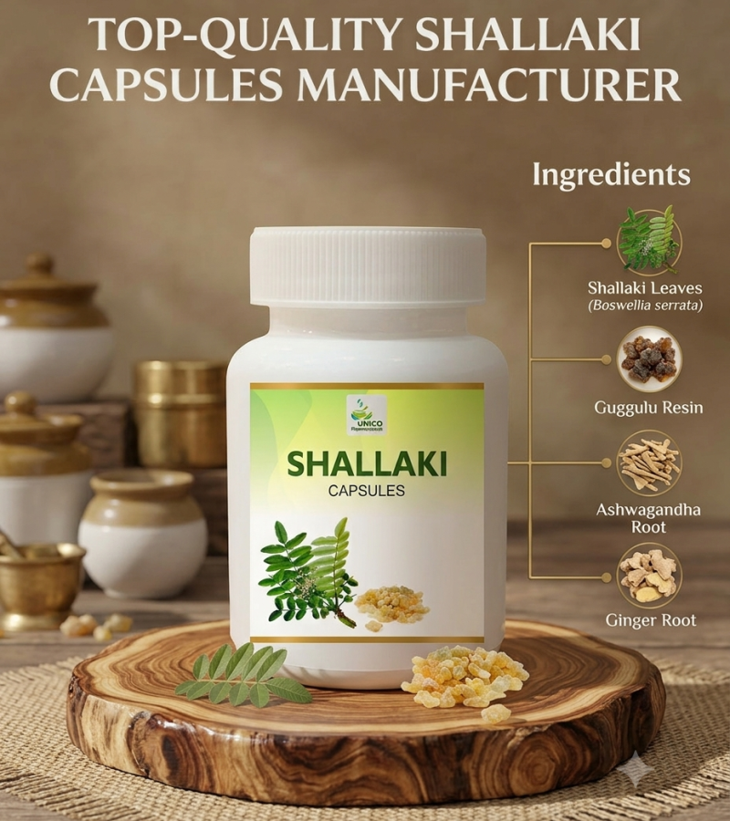 A vertical product image of Unico Pharmaceuticals Shallaki Capsules, displayed on a wooden stand against a blurred background of Ayurvedic containers. The top text reads 'TOP-QUALITY SHALLAKI CAPSULES MANUFACTURER'. On the right, a detailed graphic shows individual ingredients: Shallaki Leaves, Guggulu Resin, Ashwagandha Root, and Ginger Root, with each linked to the main bottle.