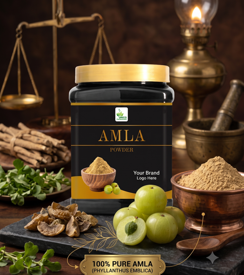 A branded black jar of "AMLA POWDER" with a gold cap is centrally featured on a marble surface. Surrounding it are whole green Amla fruits, dried Amla pieces, a wooden bowl with loose Amla powder, a wooden spoon, and a cluster of green leaves. The jar's label has gold text and a logo area. The background is a soft, warm blur.