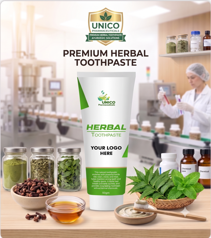 A 50g tube of UNICO Pharmaceuticals Herbal Toothpaste displayed on a wooden block surrounded by fresh mint leaves, neem, cloves, and a marble mortar.